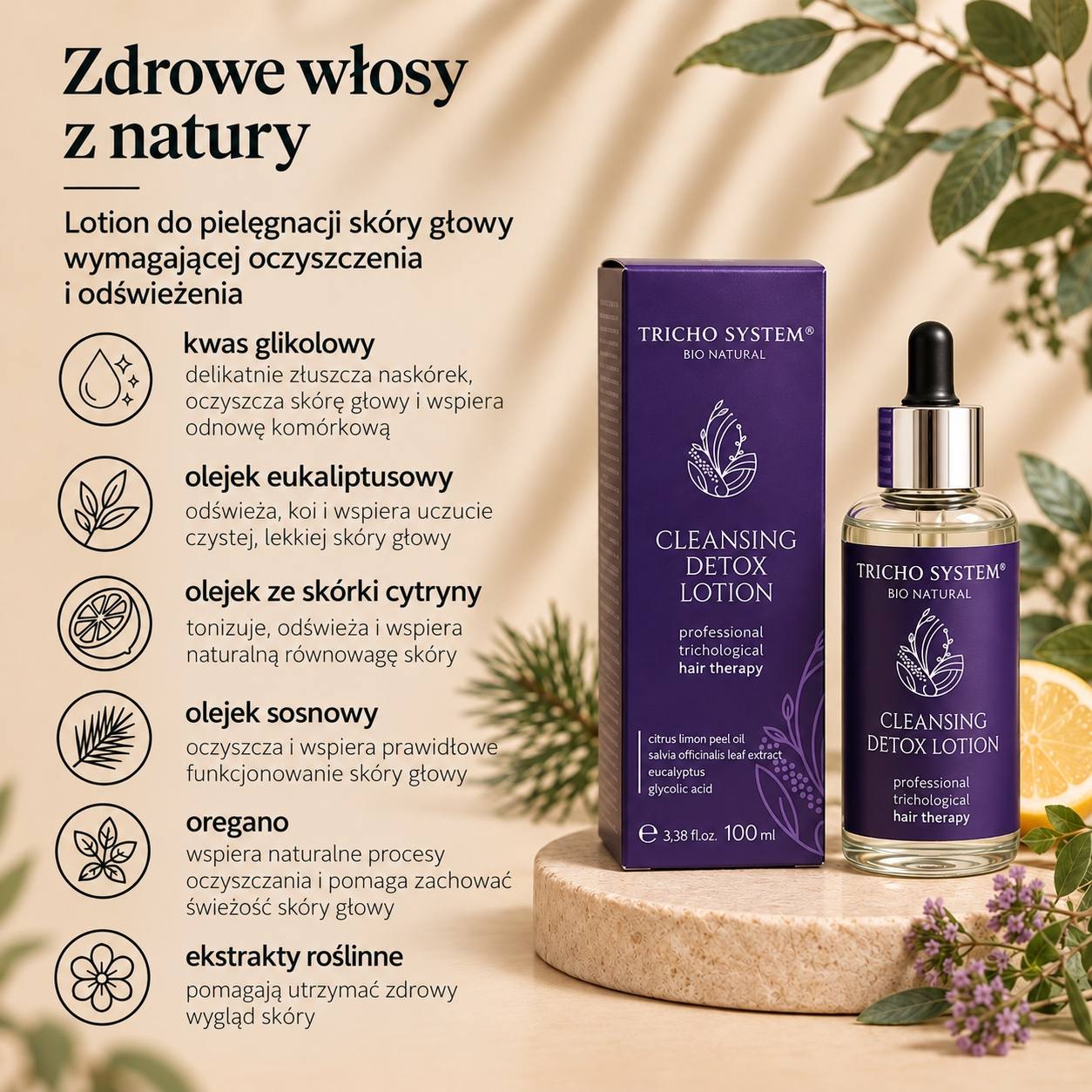 Lotion Tricho System Cleansing Detox Lotion 100 ml do skóry głowy i jego składniki: kwas glikolowy, olejek eukaliptusowy, olejek ze skórki cytryny, olejek sosnowy, oregano, ekstrakty roślinne