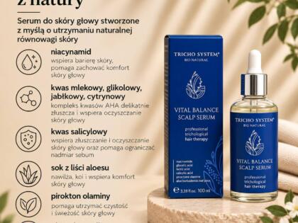 Serum Tricho System Vital Balance Scalp Serum 100 ml do skóry głowy i jego składniki: niacynamid, kwasy AHA (mlekowy, glikolowy, jabłkowy, cytrynowy), kwas salicylowy, sok z liści aloesu, pirokton olaminy, ekstrakty roślinne
