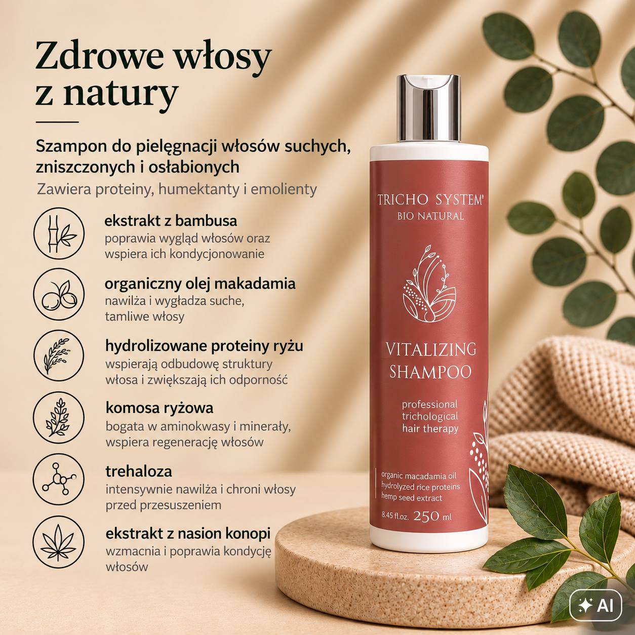 Szampon Tricho System Vitalizing Shampoo 250 ml i jego składniki: ekstrakt z bambusa, organiczny olej makadamia, hydrolizowane proteiny ryżu, komosa ryżowa, trehaloza, ekstrakt z nasion konopi